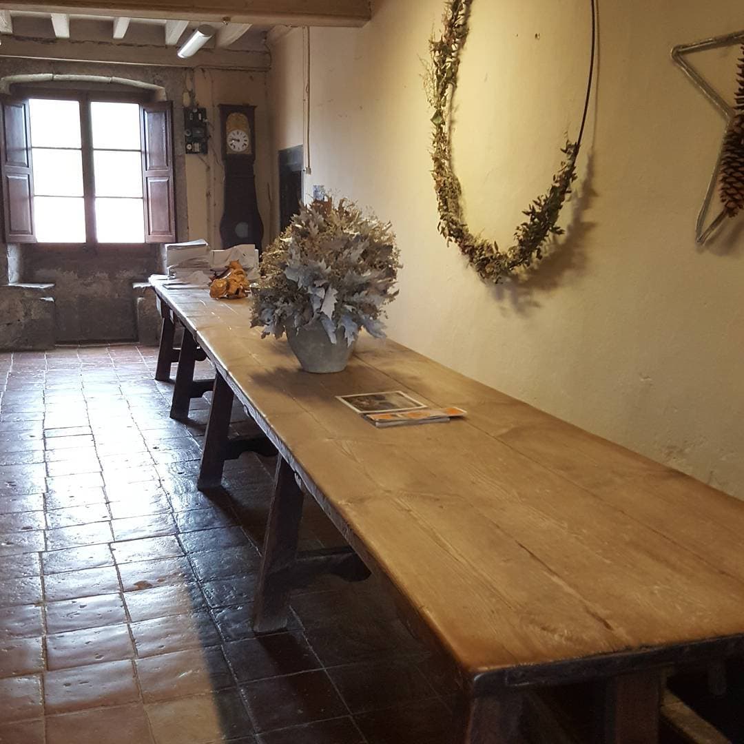 Long wooden worktable inside the botanical studio